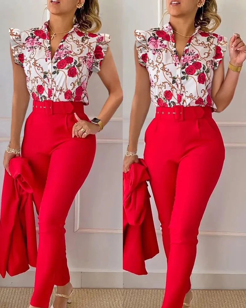 2023 Summer Printed Women's Set Ruffle Sleeve Button Ladies Top Solid Slim Belt Pocket Pants Two Pieces Fashion Casual Clothes