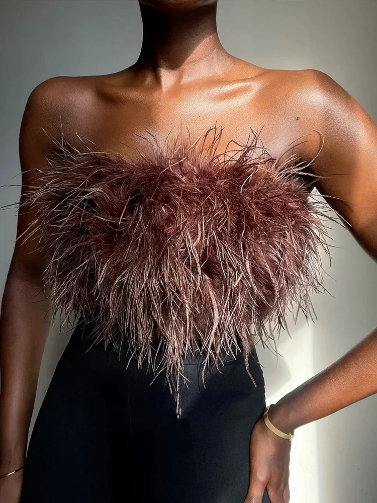 Пикантный пушистый укороченный топ Женская майка без бретелек с перьями Туника