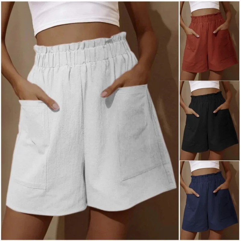 

Summer New Style Ladies Panta Cotton linen Bud High Waist Shorts Fashion Plus Size Wide Leg Casual Black Shorts Mujer