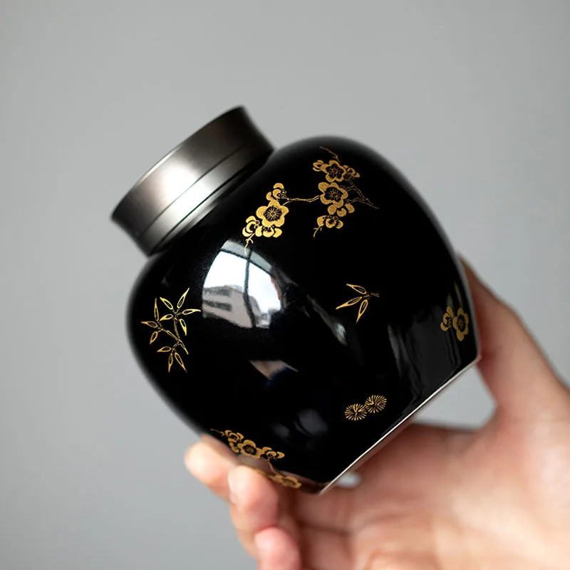 Черная керамическая банка для хранения цветка сливы маленькая портативная чая