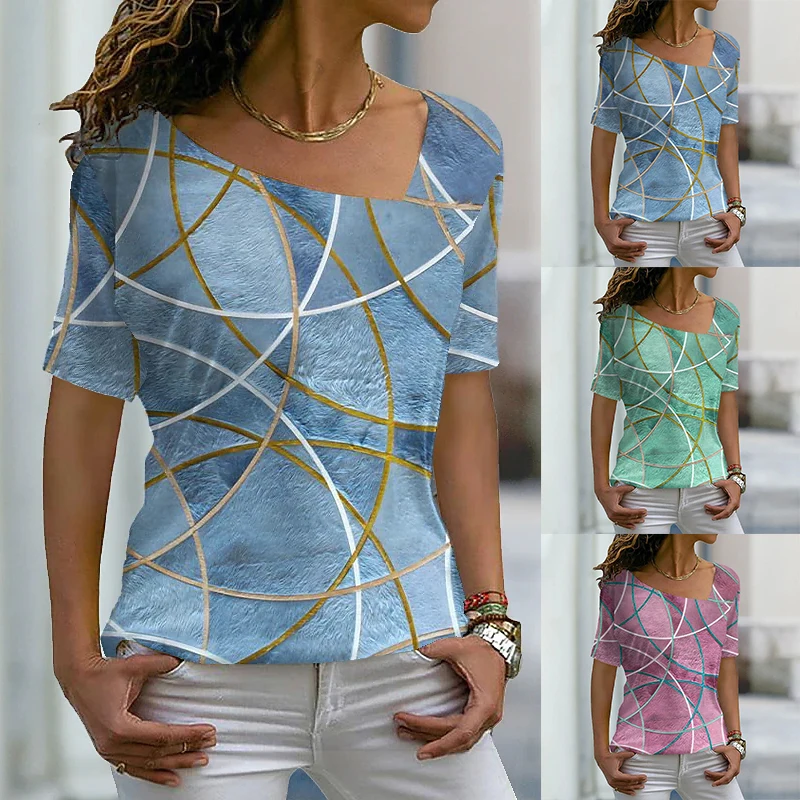 

2022 women's abstract print, casual daily diagonal V-neck short sleeve T-shirt
