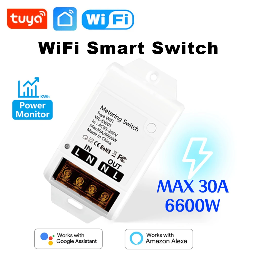 

Умный переключатель Tuya Wi-Fi 30A 6600 Вт, релейный модуль с монитором питания, 85-265 В переменного тока, умный выключатель с управлением жизнью, поддержка Alexa Google Home