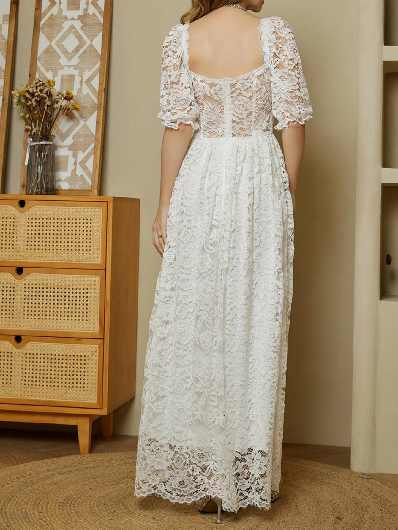 

2023Casual elegant slim sexy dress,New Women's Sexy Lace Short Sleeve Square Neck Princess Dress White Mid length Dress