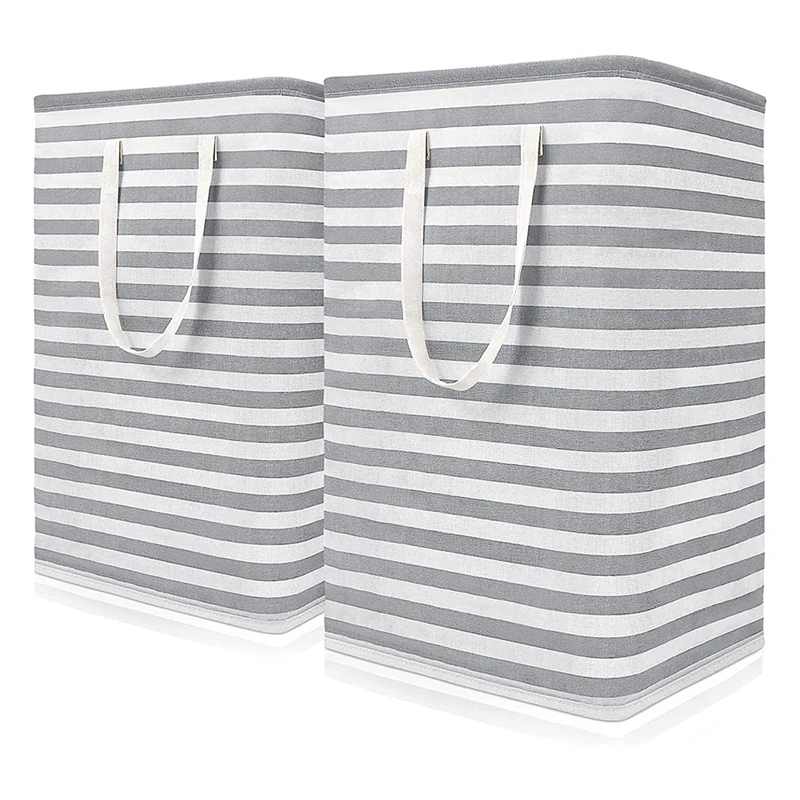 

2Pcs 75L Grey Stripe Laundry Basket Collapsible Freestanding Laundry Hamper Waterproof Clothes Hamper Organizer