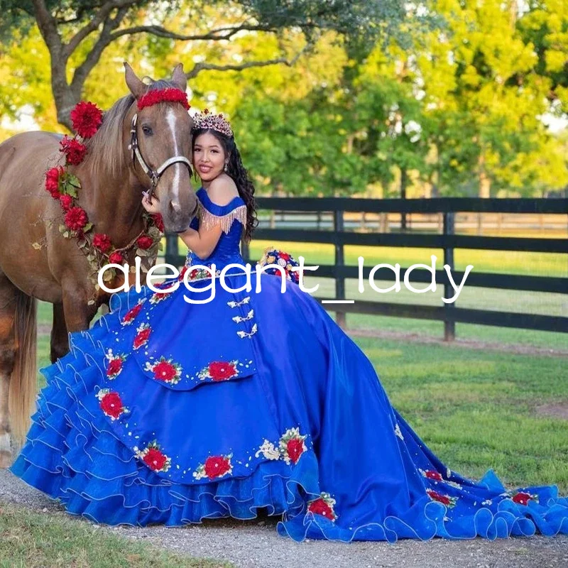 

Royal Blue Charro Quinceanera Dresses Ball Gown Off The Shoulder Organza Appliques Beading Mexican Sweet 16 Dresses 15 Anos