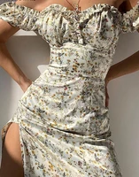 summer floral off shoulder puff sleeve maxi dress for woman robe sexy lace up side split chic mid calf aesthetic dress