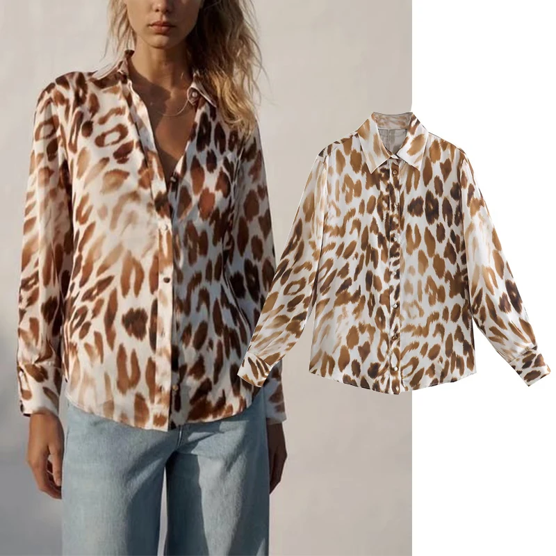 

Spring 2022 Women Animal Print Shirt Long Sleeve Turn-down Collar Blouses Female Casual Tops OZZ1426