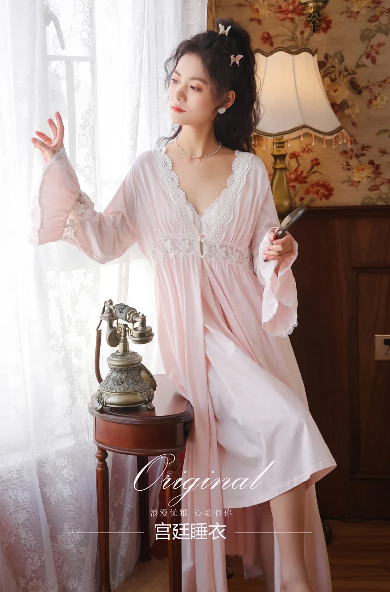 Long sleeved cotton Nightgown set women's summer and autumn suspender nightdress home clothes palace style Princess pajamas