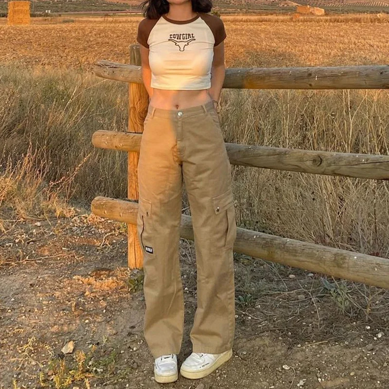 

New Autumn Women 2021 Casual Loose Khaki Pocket High Waist Cargo Korean Fashion Straight Work Y2k Jeans