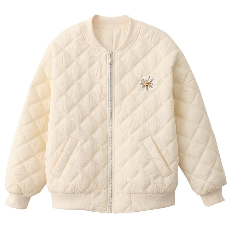 Vimly Short Quilted Parkas Coat Women 2022 Winter Warm Padded Jacket Fashion O-neck Thicken Embroidery Baseball Outwear Clothing