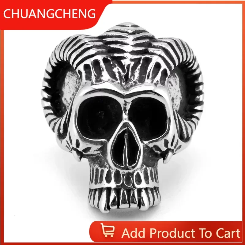 

CHUANGCHENG Satan Ram Horn Skull Head Vintage Stainless Steel Men's Ring Size 7-13