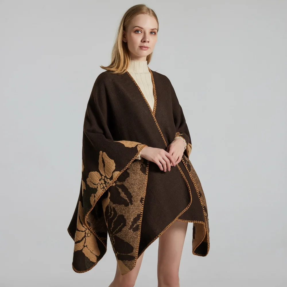 

Winter Warm Flowers Ponchos and Capes for Women Oversized Shawls Wraps Thick Cashmere Cloak Bufanda Mujer