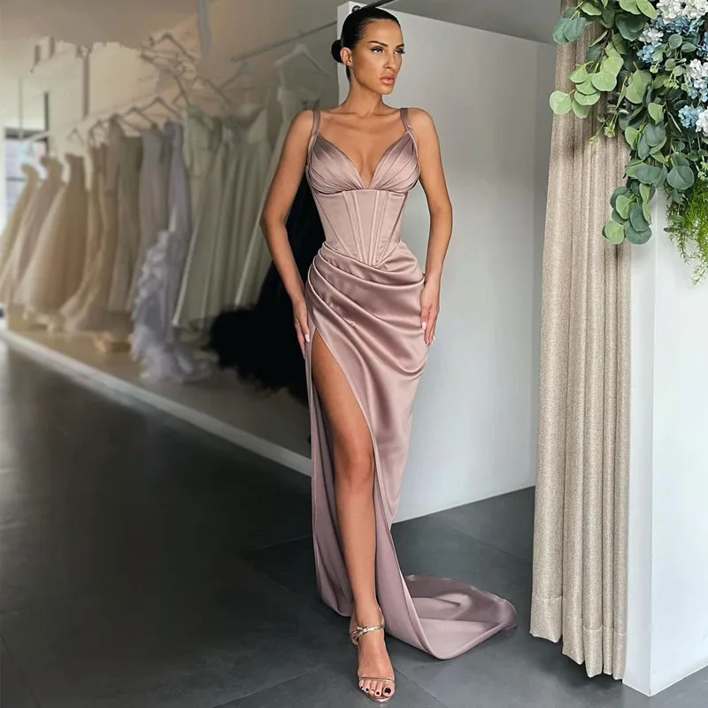 

Sexy Prom Dress V-neck Satin High Split Evening Gown Saudi Arabia Mermaid Sleeveless Long Cocktail robes de soirée فساتين السهرة