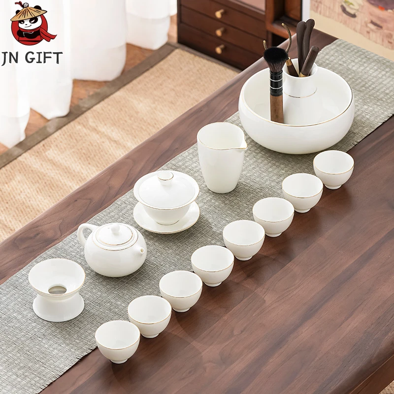 

Mutton fat jade Kung fu teacup set luxury home office tea sets business gift white porcelain cover bowl ceramic teaware sets