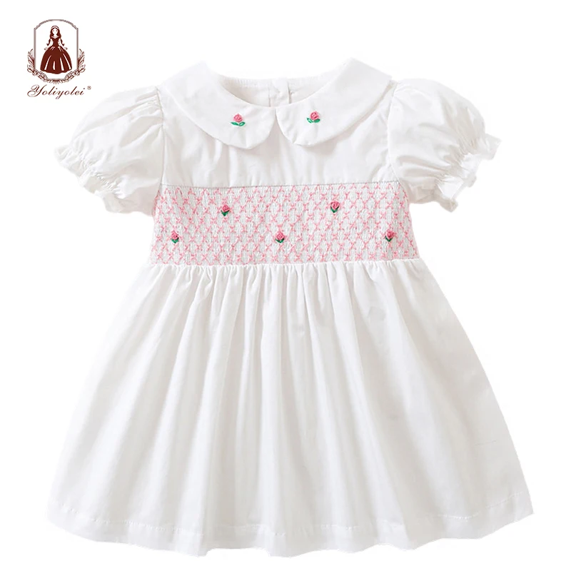 

Yoliyolei Summer Smocked Girls Dress 1 To 5 Years Toddler Children Cotton Embroidery White Solid Princess Short-Sleeved Dress