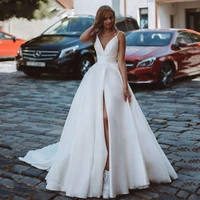 satin v neck hy192 wedding dress for women charming floor length elegant simple side slit bridal gowns vestidos de novia