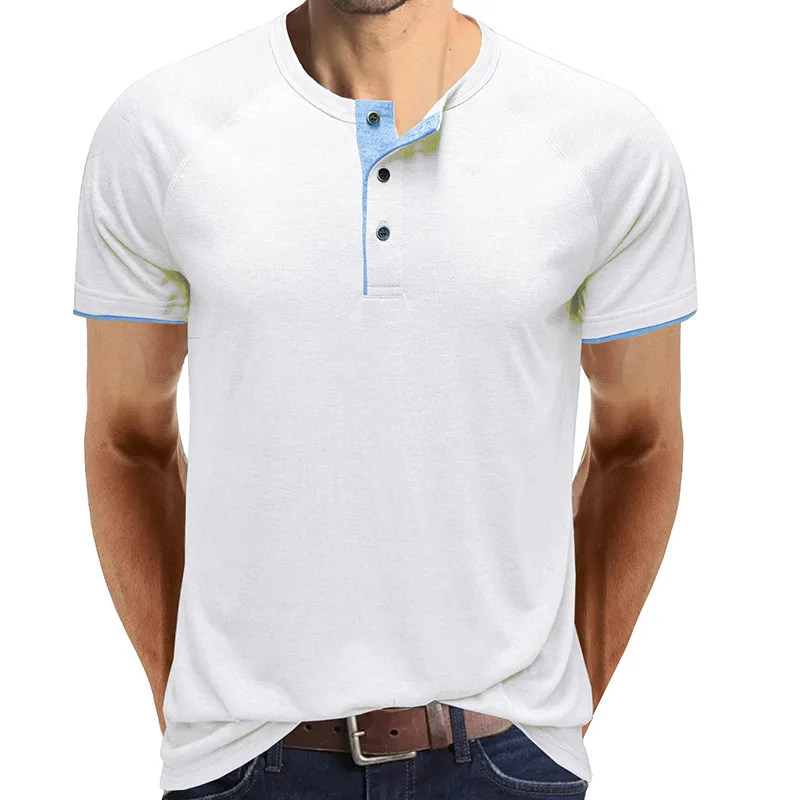 

Men's T-shirt Top Summer Fashion Solid Color Slim Pullover T-shirt Men's Casual Short Sleeve Button Round Neck T-shirt