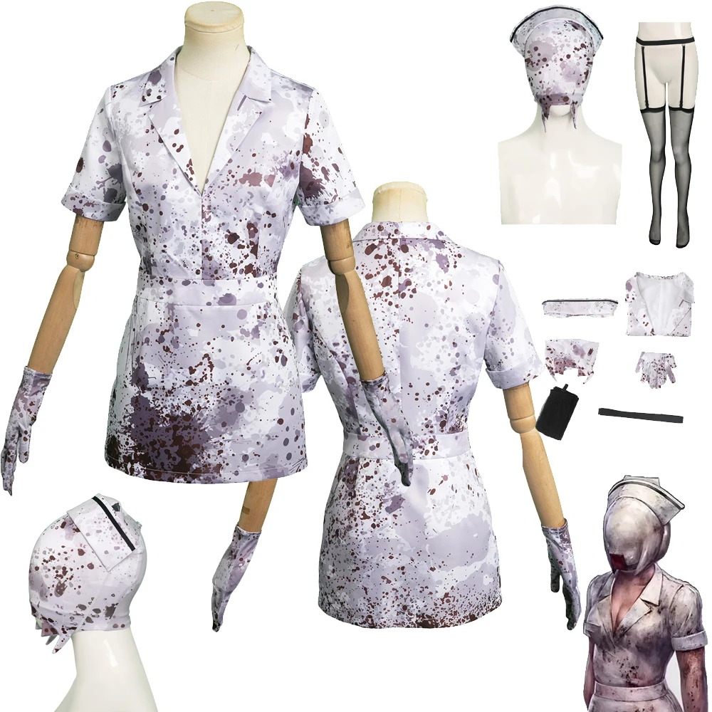 

Silent Cos Hill Bubble Head Nurse Cosplay Costume Women Uniform Dress Hat Outfits Fancy Halloween Carnival Party Role Play Suit