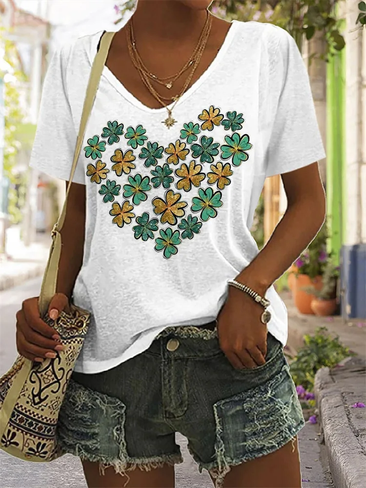 

Women's T-shirt 3d Green Plant Print V-neck Tops Summer Fashion Simple Ladies Short-sleeved Hundred Loose Women's Clothing