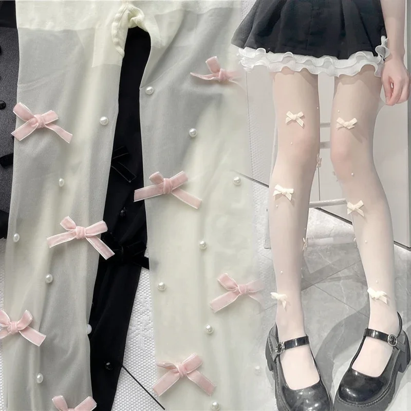 Розовые бархатные колготки с бантом и жемчугом модные женские JK Lolita Styles милые