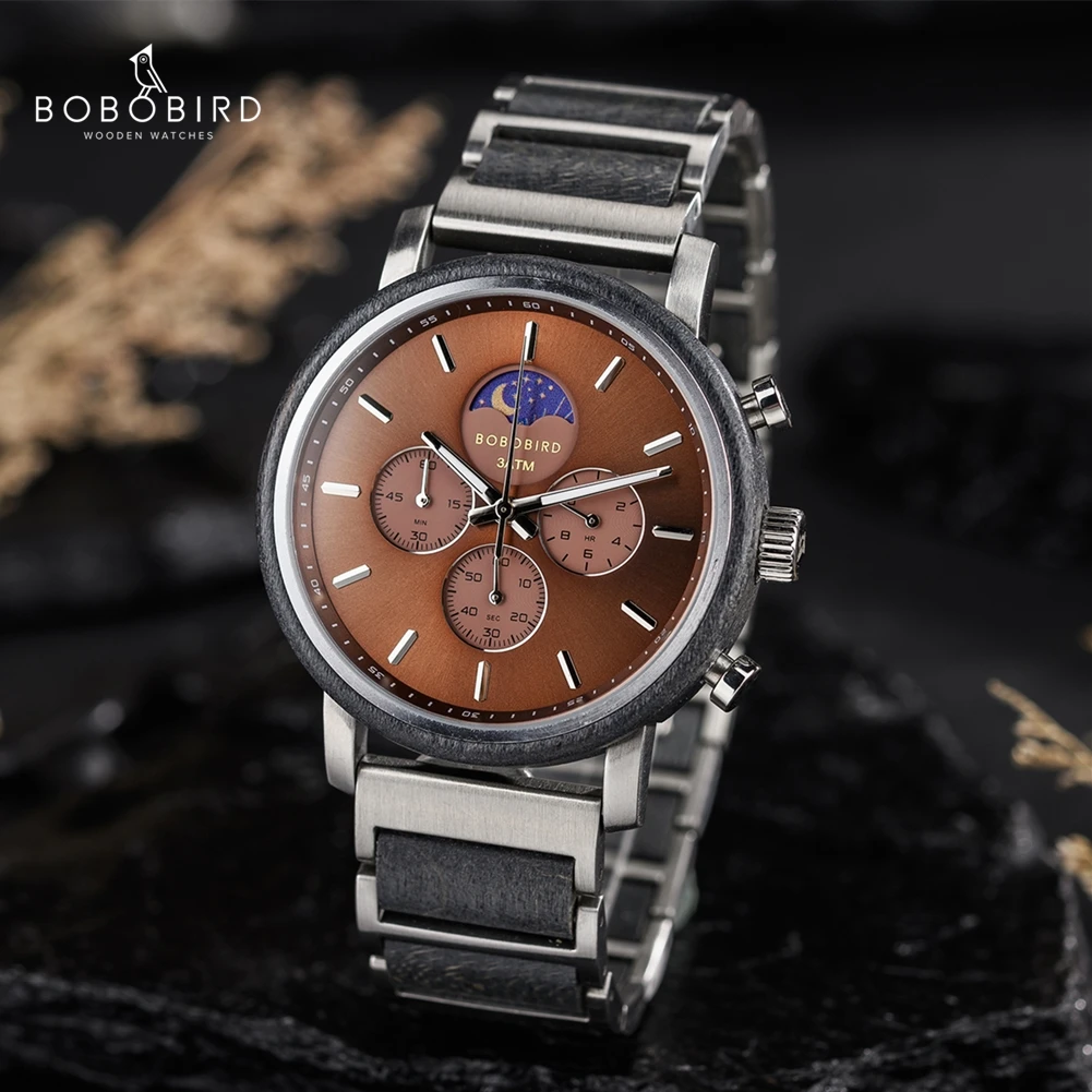 

BOBO BIRD Business Men Luxury Watches Wood and Stainless Steel Chronograph Quartz Wristwatches with Moon Phase Luminous Hands