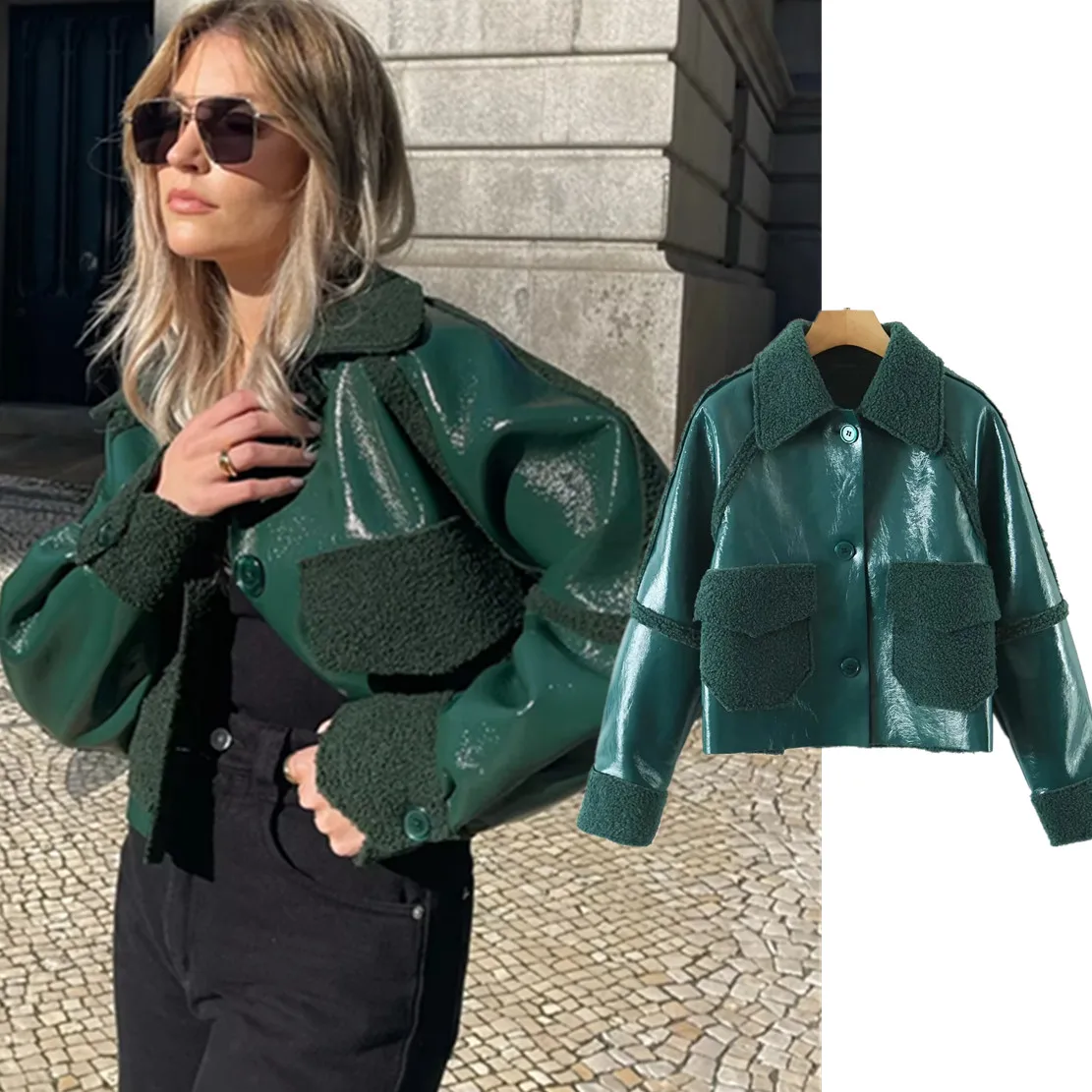 

Maxdutti Ins Fashion Coat Blogger Retro Fur Satin Patent Leather Jackets Women Coat