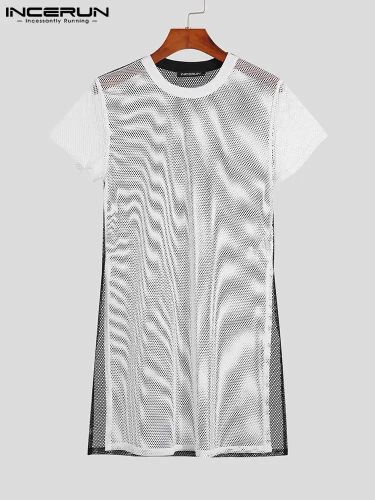 

Men T Shirt Mesh Patchwork Sexy See Through O-neck Short Sleeve Split Casual Camisetas 2022 Long Style T-shirts S-5XL INCERUN