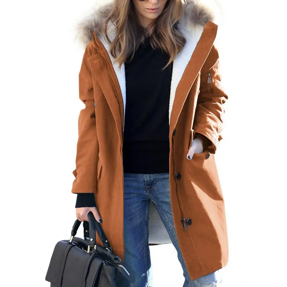 

Long Sleeve Pockets Zipper Buttons Closure Loose Solid Color Women Coat Winter Faux Fur Hooded Fleece Lined Mid-Length Casual Ov