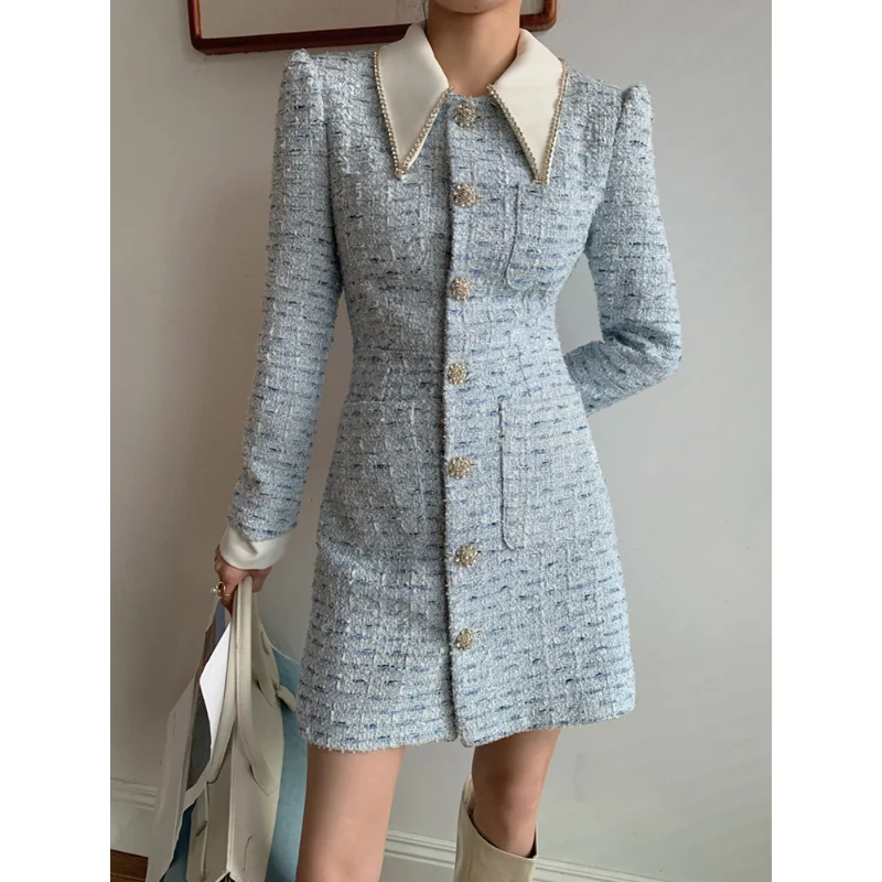 French Small Fragrant Wind Shining Heavy Turn Down Collar Dress Women Vintage Tweed Show Thin Chic Party Mini Dress Vestidos