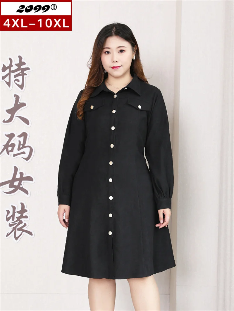 Women's Plus Size Long Sleeve Dress spring summer dress women Turn-down Collar Office wear black Fashion QZ027