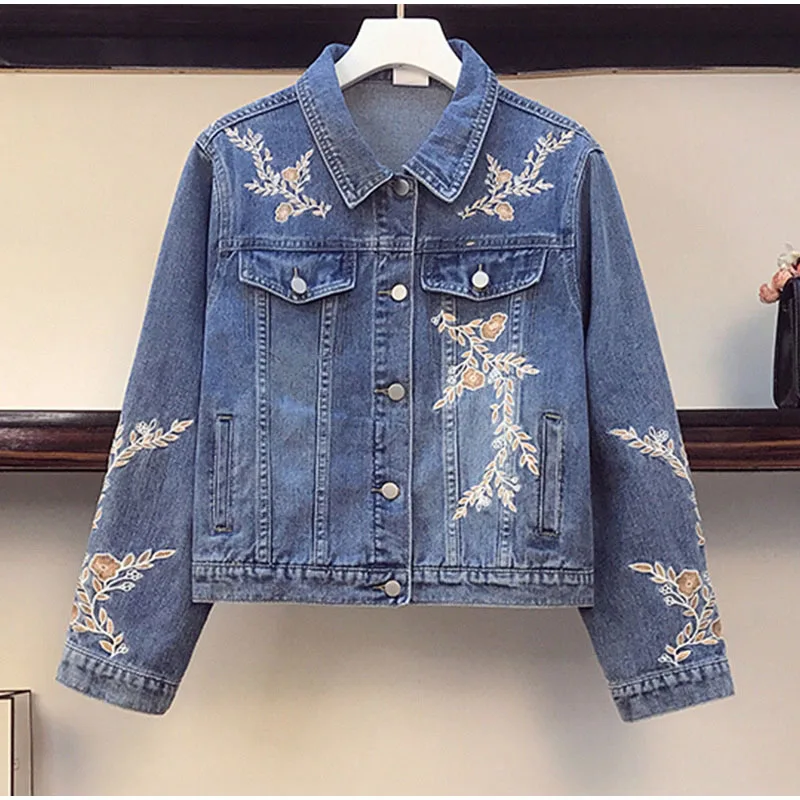 Spring Floral Embroidery Cropped Denim Jacket Designer Flower Jean Coat with Cotton Collar Women Korean Chi Basic Jeans Outwear - купить по
