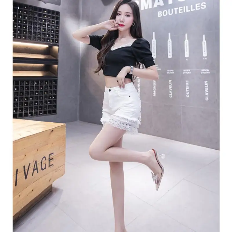 Casual Loose Jeans High Waist Pearl with Diamond Denim Shorts Women Summer Lace Female SequinTassel Denim Hot Pants Clothing