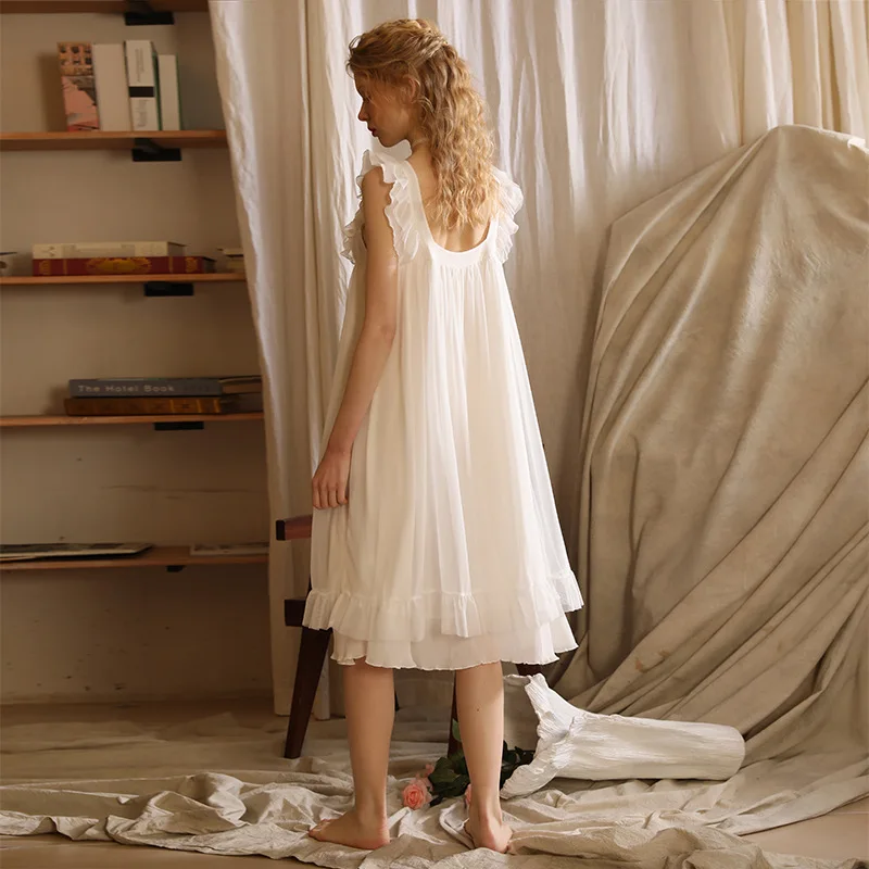 Fairy White Mesh Night Dress Women Summer Sleeveless Sexy Lace Peignoir Victorian Nightgowns Lolita Nightie Princess Sleepwear