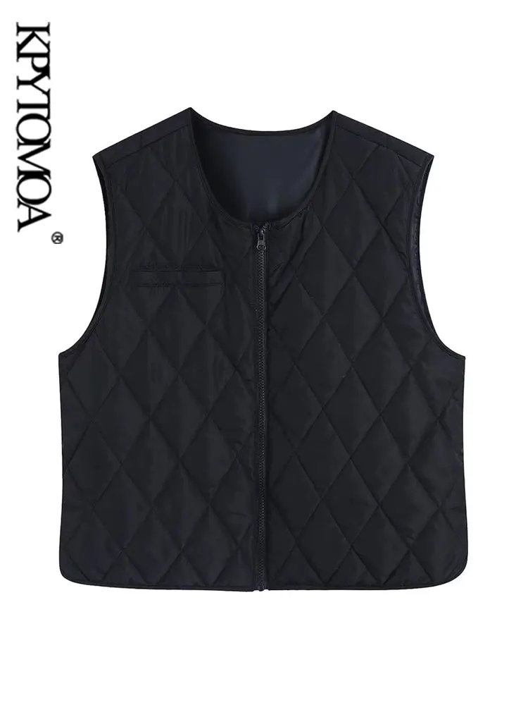 

KPYTOMOA Women Fashion Front Zip-up Basic Thin Padded Waistcoat Vintage O Neck Sleeveless Female Outerwear Chic Tops