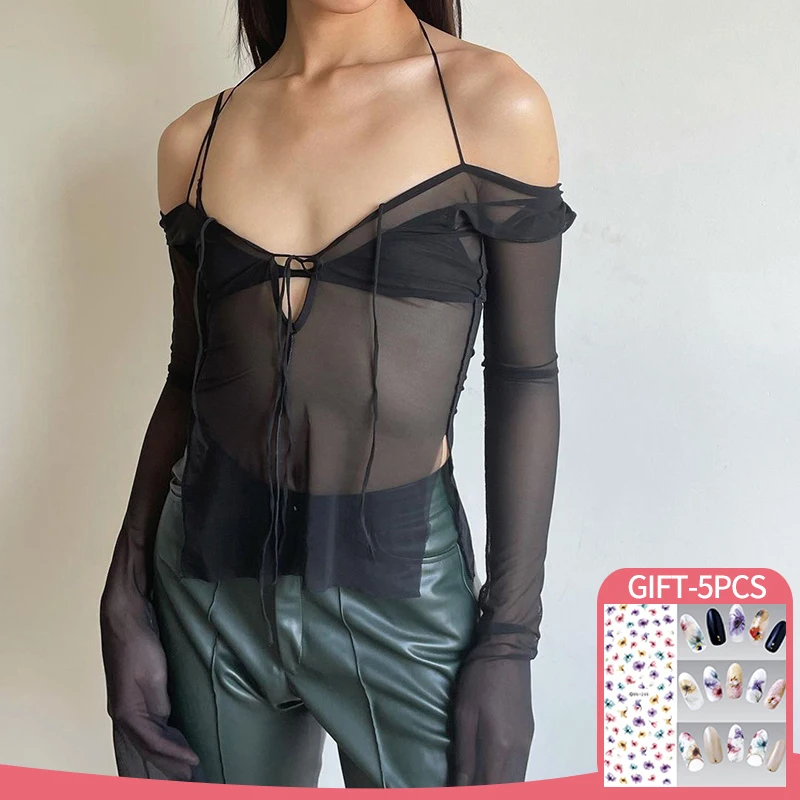 

Summer Sexy Mesh T-shirts Women Halter Tops Gothic Y2k Punk Mesh See Through T shirts Black Patchwork Split Women Clothes