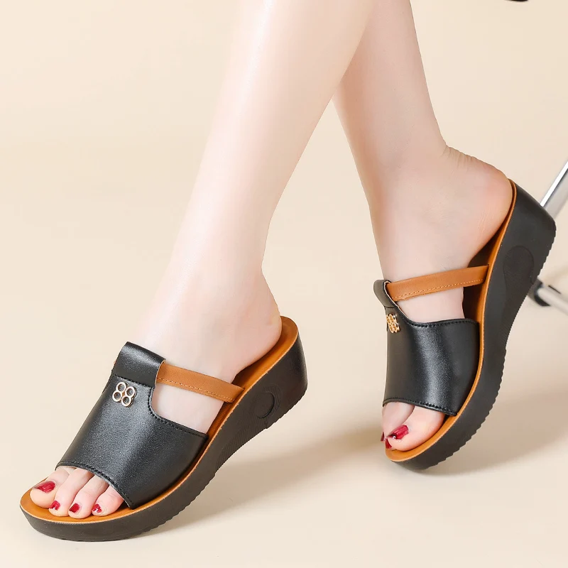 

Wedge Sandals Women Summer Platform Soft PU Leather 9cm High Heels Slides Female Outdoor Beach Heels Slippers Ladies Flip-Flops