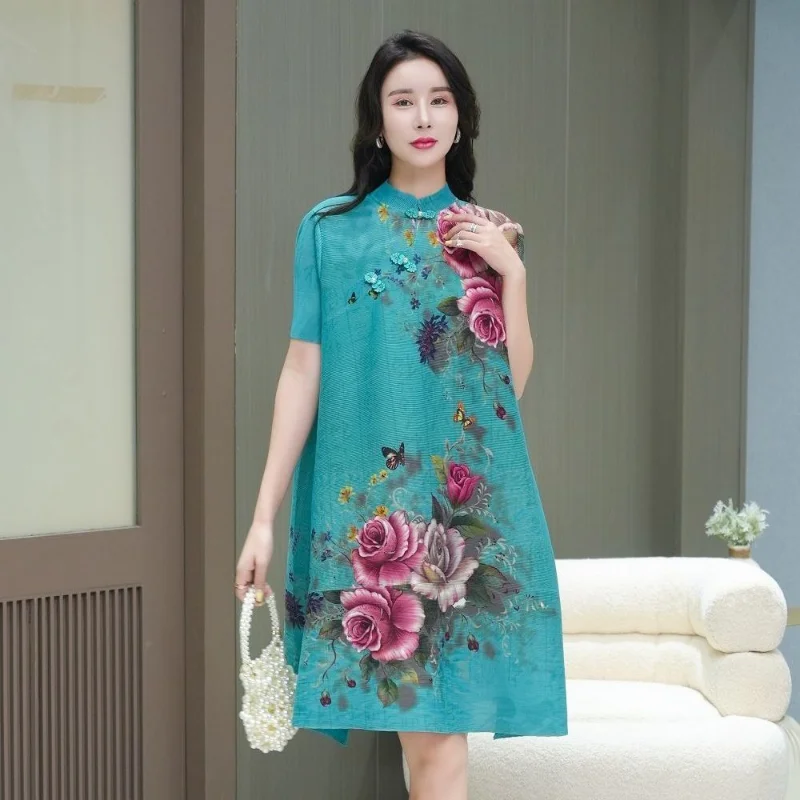 Printed Vintage Cheongsam Dress Summer Female 2023 New Pleated Fashion Peony Short Sleeve Fashionable O Neck Dress Female Tops