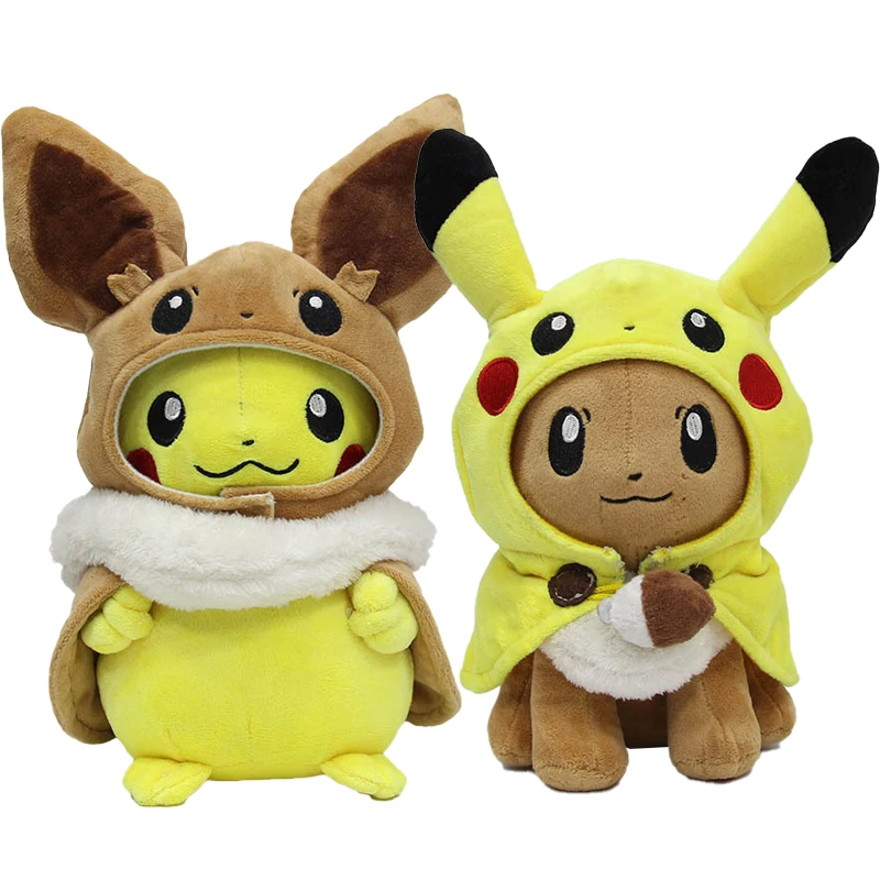 

TAKARA TOMY Pokemon Pikachu Cosplay Plush Toy Eevee Stuffed Doll Eevee With Cloak Cos Pikachu Christmas Kawaii Kid Gift