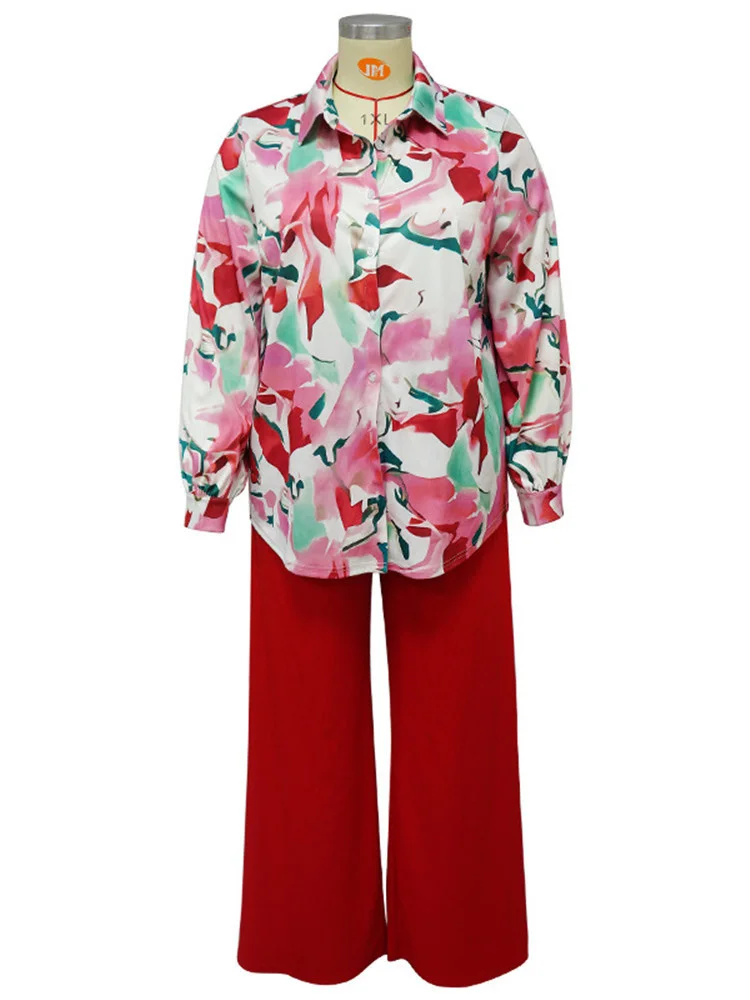Plus Size Sets Shirts Tops and Pants 2 Piece Women Print Pockets Wide Leg Office Lady Fashion Matching 3xl 4xl 5xl 6xl