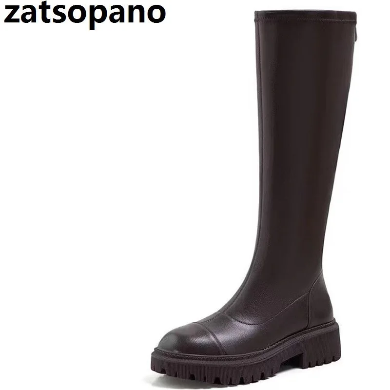 

2022 Fashion Sexy Women Square Long Motorcycle Booties Chunky Round Toe Shoes Strap Platform Ladies High Heels Knee Boots