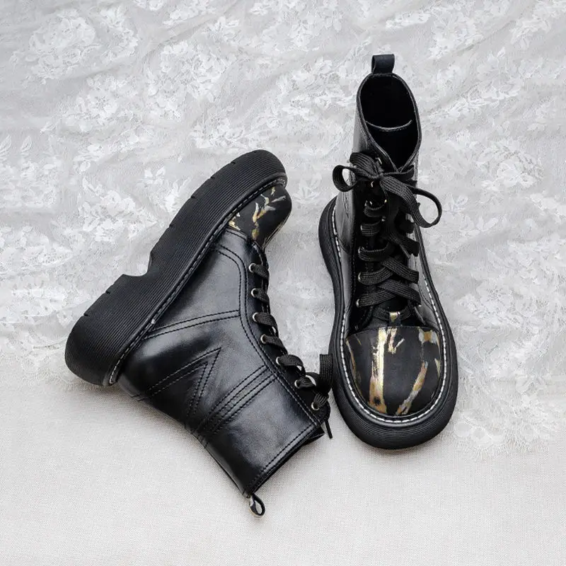 Ankle Boots Leather Women Flat Platform Short Booties Fashion Pu Leather Female Autumn Winter Boots Platform Shoes