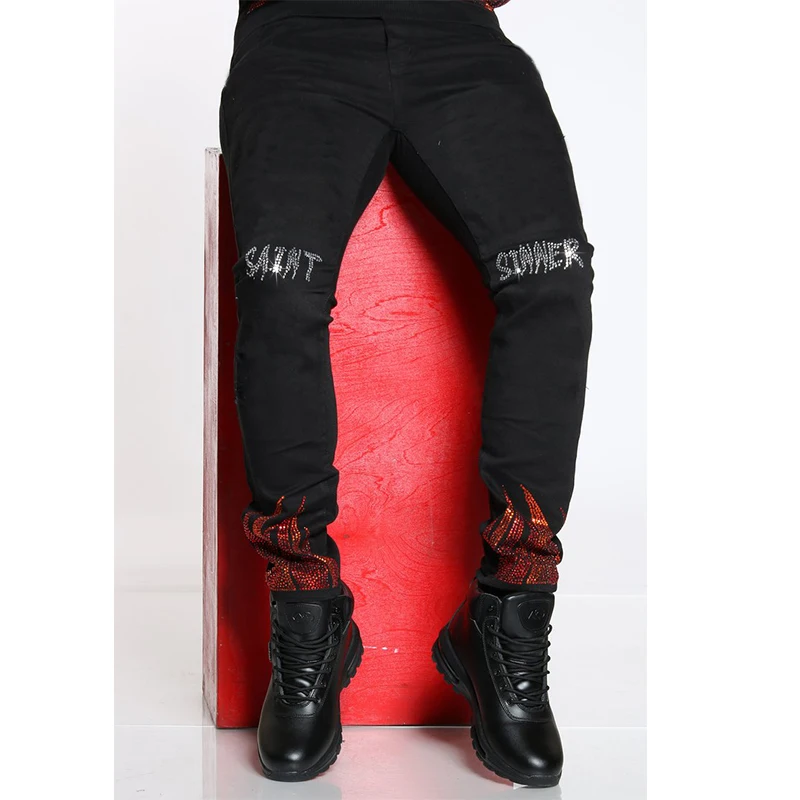 New Men's Stretchy Black Jeans Skinny Slim Fit Hot Drill Punk Streetwear Biker Trousers Man Rhinestone Hole Denim Pencil Pants