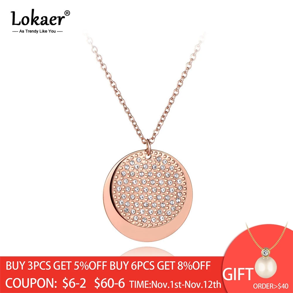

Lokaer Titanium Stainless Steel Double Disc CZ Crystal Pendant Necklaces For Women Trendy Sweater Chian 27" Long Necklace N19159