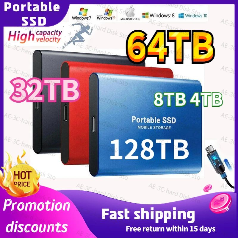 

2023 New High-speed External Hard Drive 128TB 64TB 2TB 4TB 8TB 16TB USB3.1 SSD 2.5 Inch Portable SSD 32TB Hard Disk for Laptop