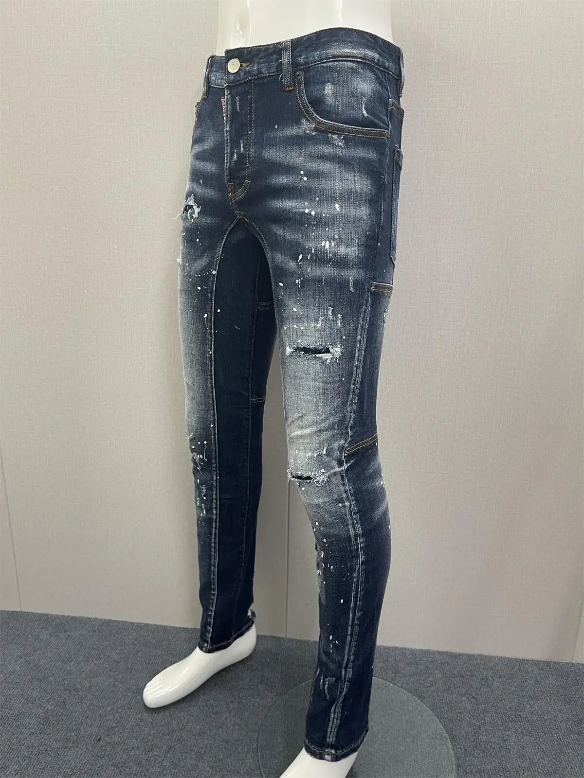 2023 Spring/Summer New  Jeans Fashion Men's Water Wash Worn Hole Patch Paint Speckled Ink Slim Fit Small Feet Blue Denim Pants
