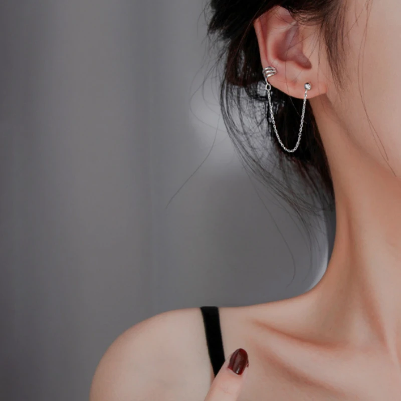 

Punk Style Long Chain Drop Earrings Geometry Round Beads Ear Cuff Clip On Earrings For Girl Fashion Jewelry