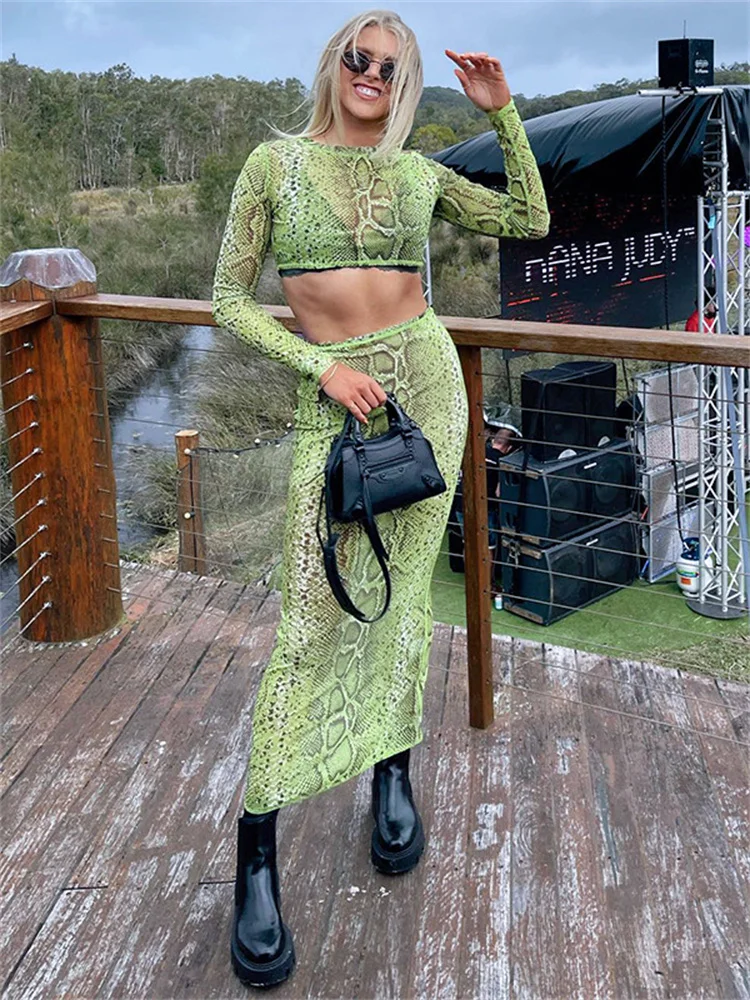 

Сетчатый укороченный топ Forefair со змеиным принтом и длинным рукавом и средней длины, Женский Осенний сексуальный комплект из двух предметов,...