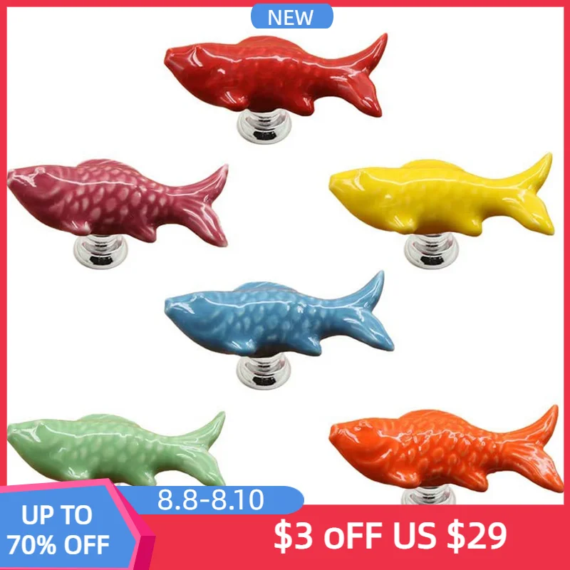 

TFAAI Fish Shape Ceramic Drawer Knobs Cute Cartoon Kitchen Closet Cabinet Handles Children's Wardrobe Door Pulls for Furniture