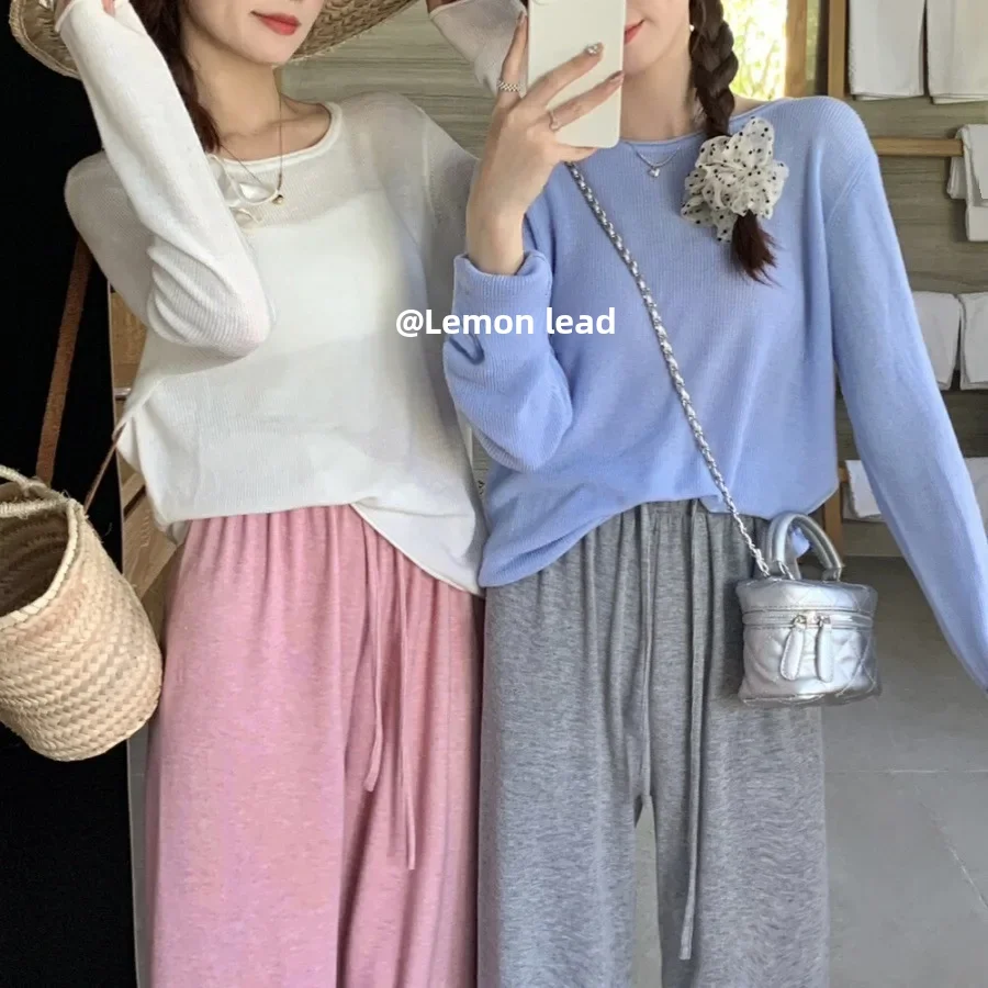 Новый сезон Свободный пуловер с круглым вырезом легкий Вязаный топ из смесовой