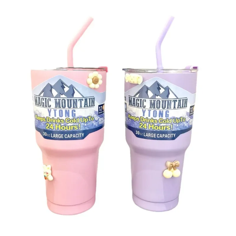 Автомобильная чашка 30 унций/900 мл кофейная с соломинкой для льда из нержавеющей